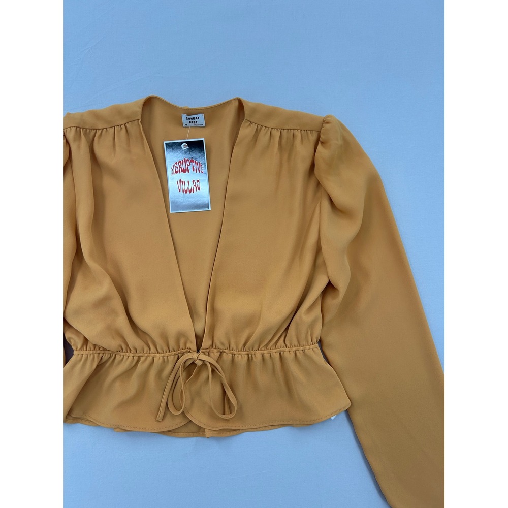 Sunday Best Aritzia Mustard Yellow Peplum Blouse Puff Sleeve V-Neck Top XS NEW